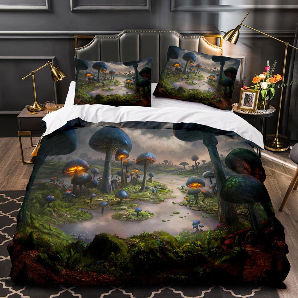 Mushroom Fairy Forest Duvet Cover Magic Lilliputian Cartoon Fungus Plant Bedding Set Fantasy Garden Polyester Comforter Cover