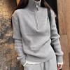 Half Zip High Neck Sweater Women's Slim Fit Gray Knit Sweater Top