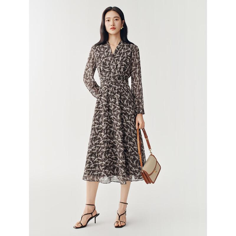 JUZUI Women's 2026 Spring Elegant Geometric Print Chiffon Cinch Waist Dress