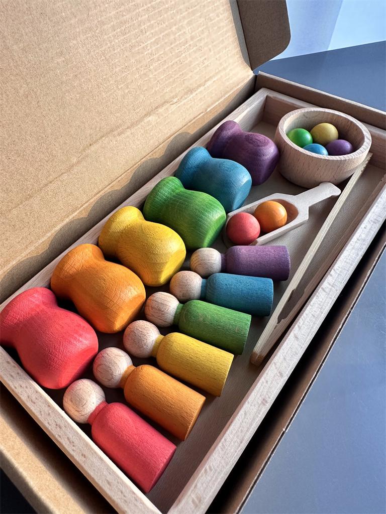 Beech Wooden Rainbow Sorting Toys Early Learning for Kids Pastel Pot Peg Dolls with Balls