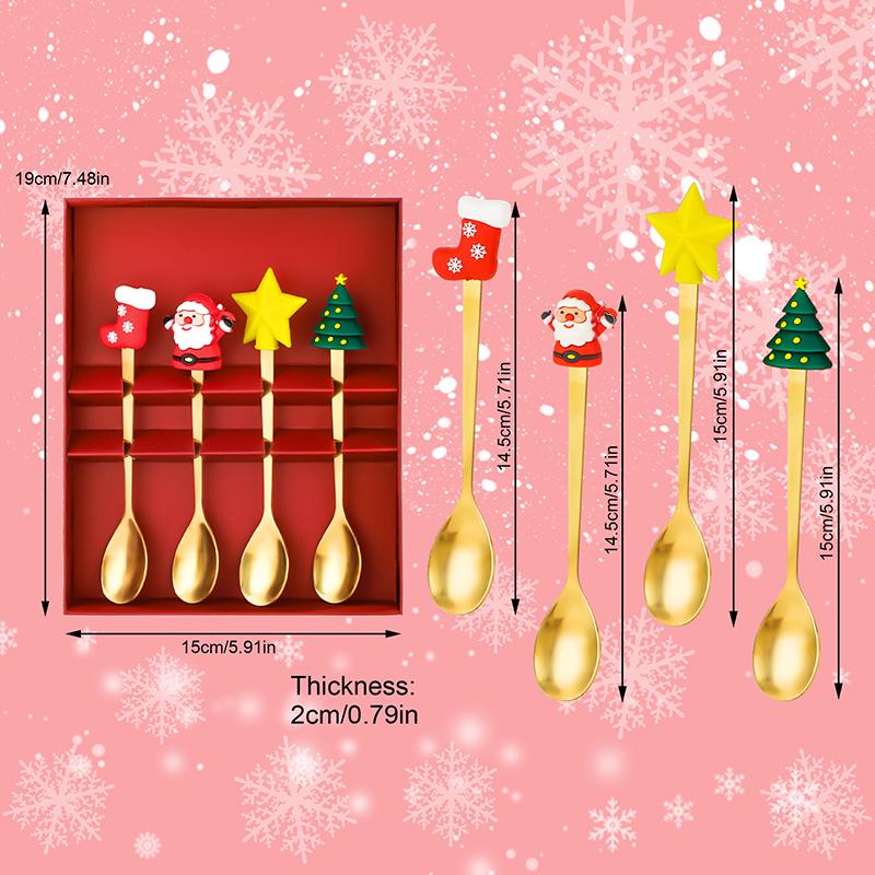 

4 шт. Металлические рождественские ложки, кофейная ложка, столовые приборы, украшения для рождественской вечеринки, кухонные принадлежности, подарки на Новый год 2025