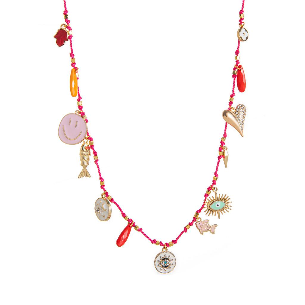 Geometric Copper Pendant Necklace With Colorful Dangle Charms For Unisex Fashion Accessory