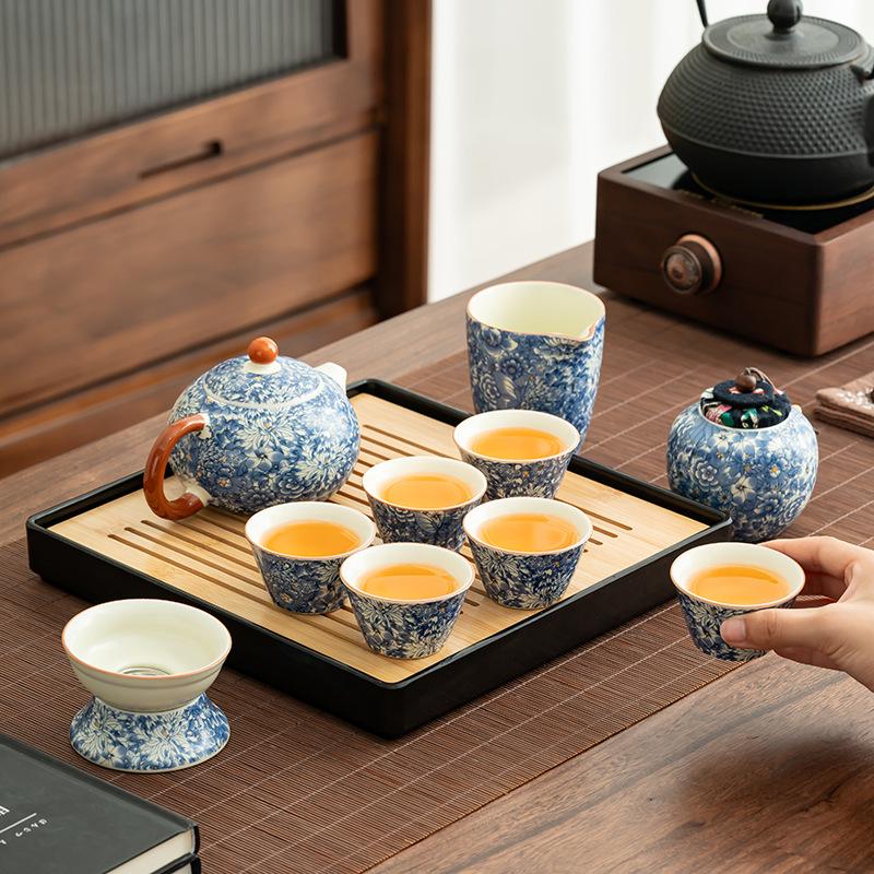 Light luxury flower Huang Ru tea set, household ceramic opening film can raise retro tea tray, the whole set of kung fu tea