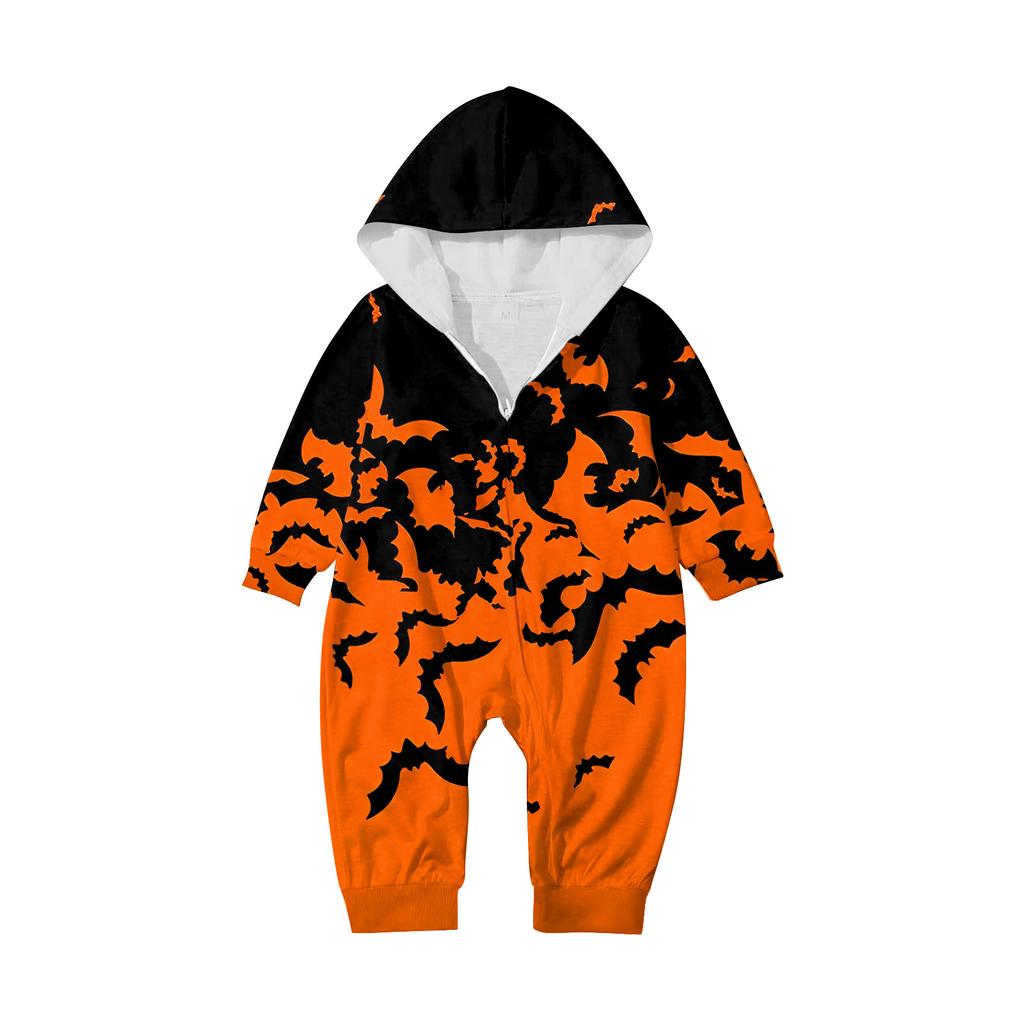 Halloween Printed Family Matching Hooded Long Sleeved Zippered Hooded Jumpsuit Set