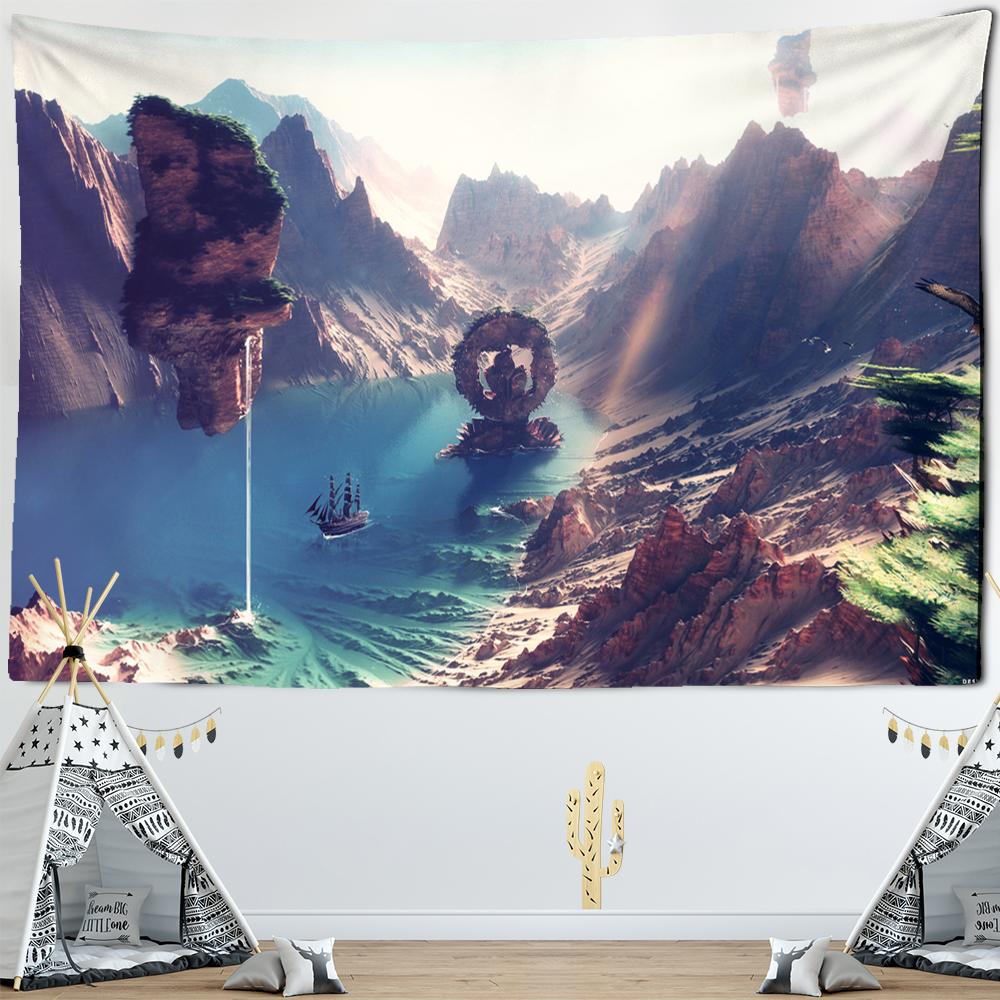 Mountain And Stone Tapestry Wall Hanging Natural Scenery Sailboat Bohemian Hippie Table Mat Bedroom Home Decor