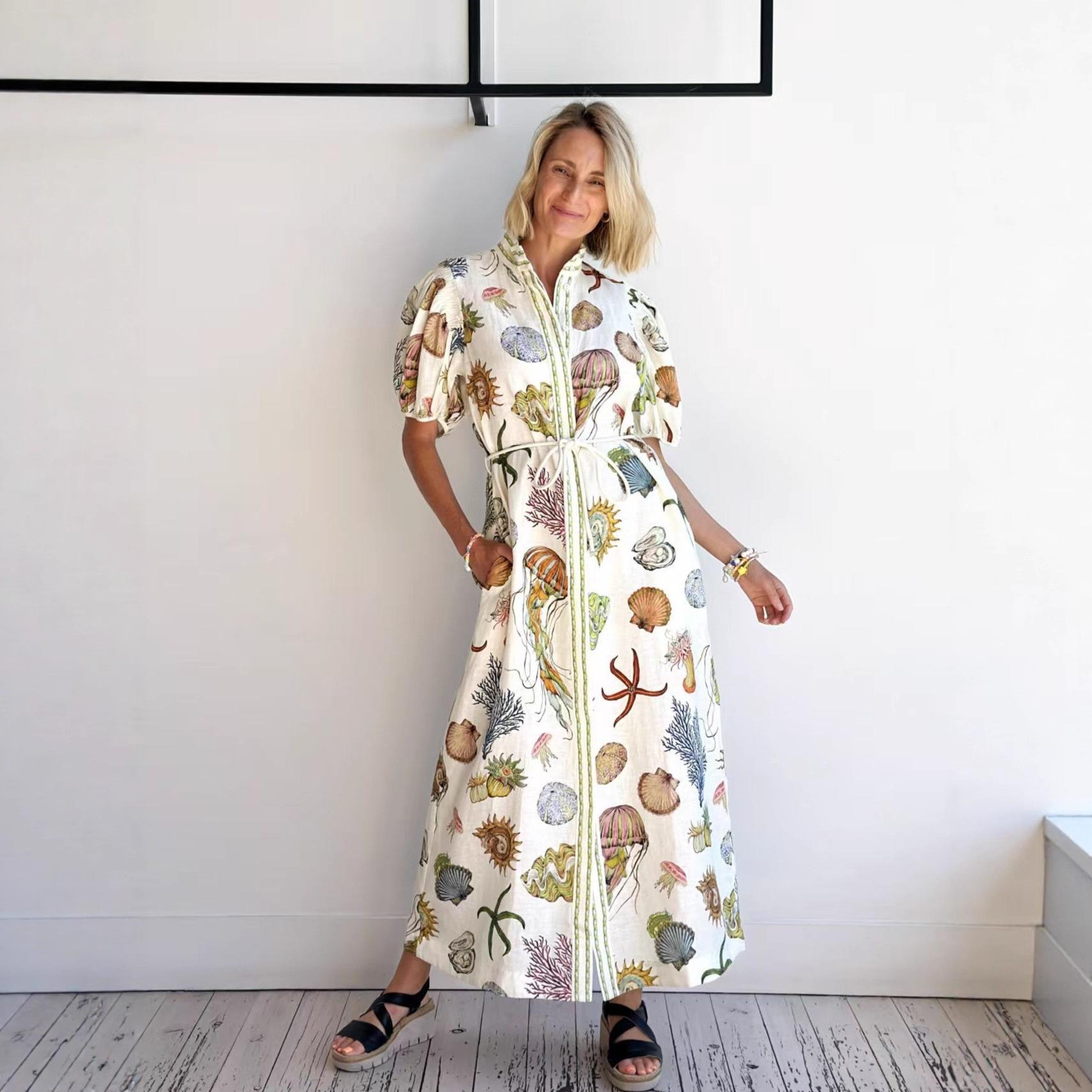 New Casual Fashion Linen Temperament Short Sleeve Shirt Long Skirt S