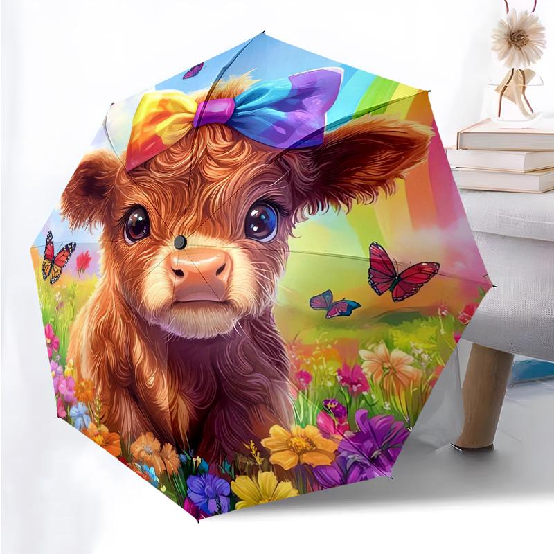 Highland Cattle Pattern Folding Umbrella Fashion Auto-Open 8 Iron Ribs Plastic Handle Foldable Sunshade Perfect Christmas Gifts