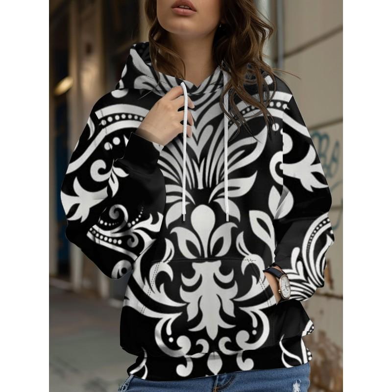 Womens Relaxed Fit Hooded Long Sleeve Sweatshirt With 3D Floral Plaid Print Breathable Comfort Casual Top