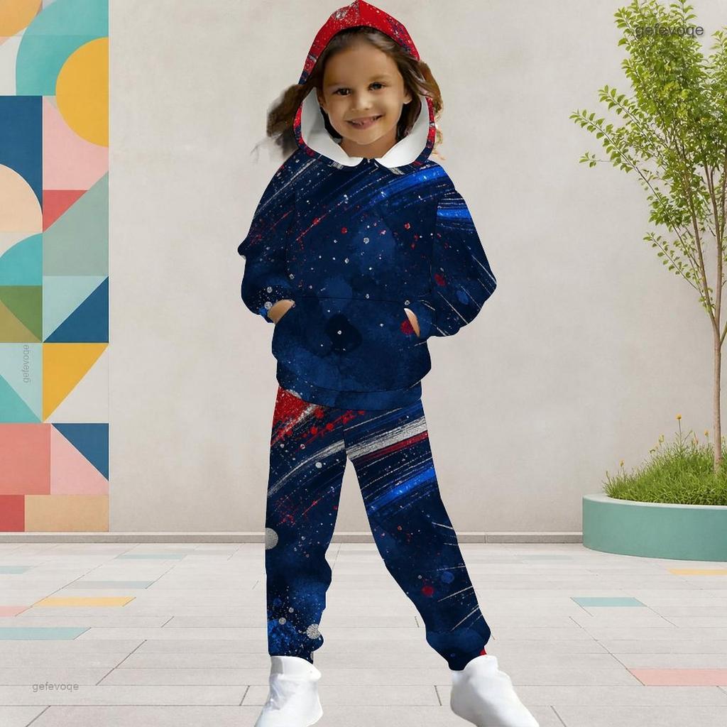 Girls Hooded Long Sleeve Star Printed Two Piece Set Red Blue White Kangaroo Pocket Cuffed Pants