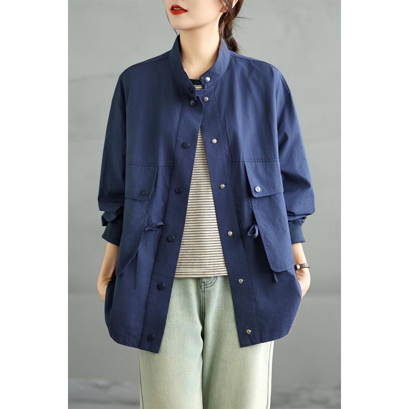 

Artistic Mid-Length Casual Cargo Windbreaker with Stand Collar Extra Large темно-синього кольору