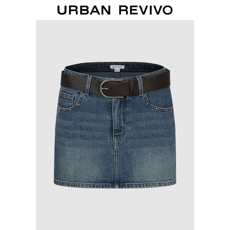 UR2026 Women s Washed Denim Mini Skirt with Belt and Rivets L