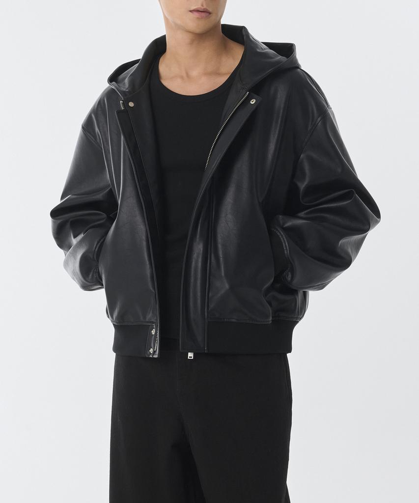 Musinsa Standard Synthetic Leather Oversized Hooded Jacket [Black]