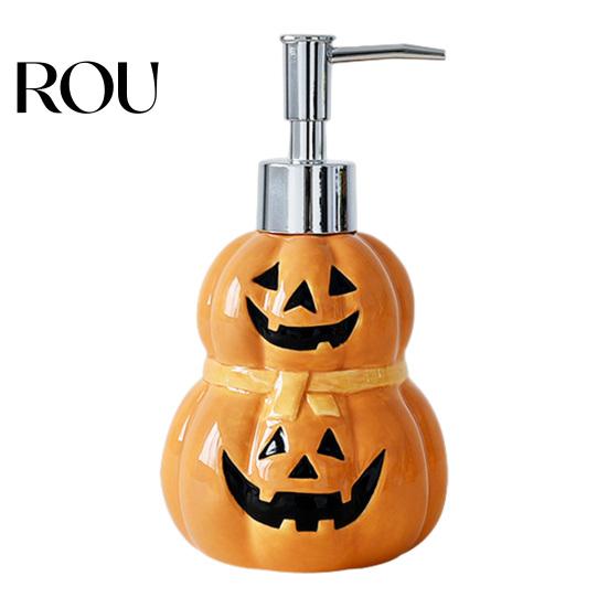 Empty Lotion Container Halloween Ceramic Ghost Soap Dispenser, with Stainless Steel Pump, Pumpkin Refillable Hand Bottle Liquid Container, Shower Gel