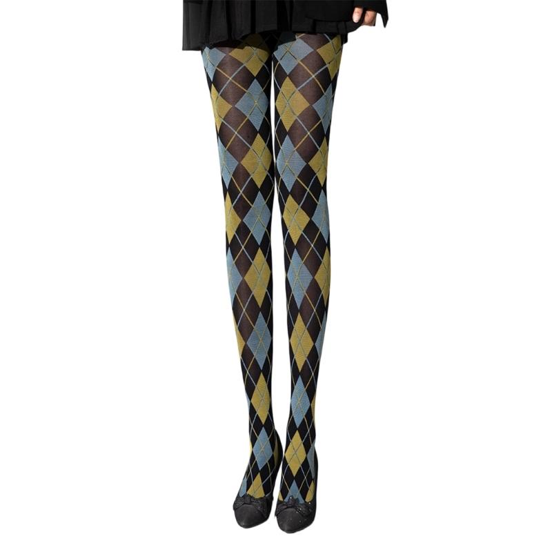 Dames Argyle Ruitpatroon Panty Ademend Nylon Stof OnDoorzichtig Maillot Kousen Stijlvolle Contrastkleur Leggings