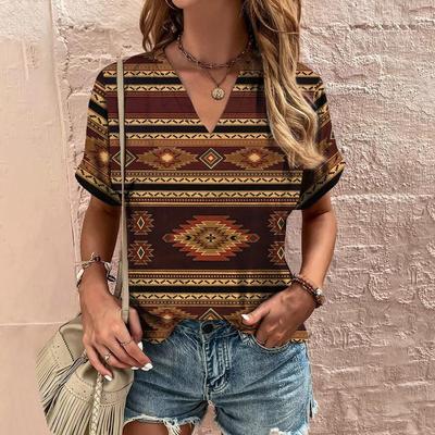 Etnické dámské tričko Letní V-výstřih Krátký rukáv Volný ležérní top Nové krátkorukávé vintage tričko pro ženy Oblečení Tričko