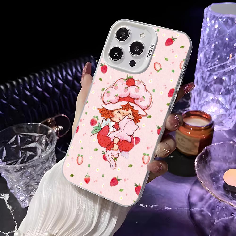 Pink Strawberry Cartoon S-Shortcake Phone Case For iPhone 16 15 14 13 12 11 Pro Max White Matte Laser Metallic Aurora Funda