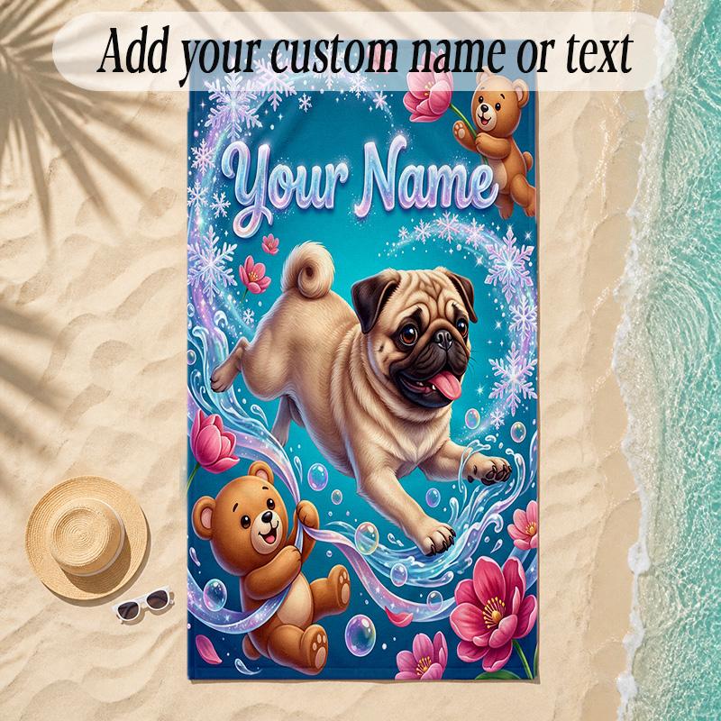 Pug Theme Soft Beach Towel Personalized Custom Name Text Towel Portable for Beach Pool Travel