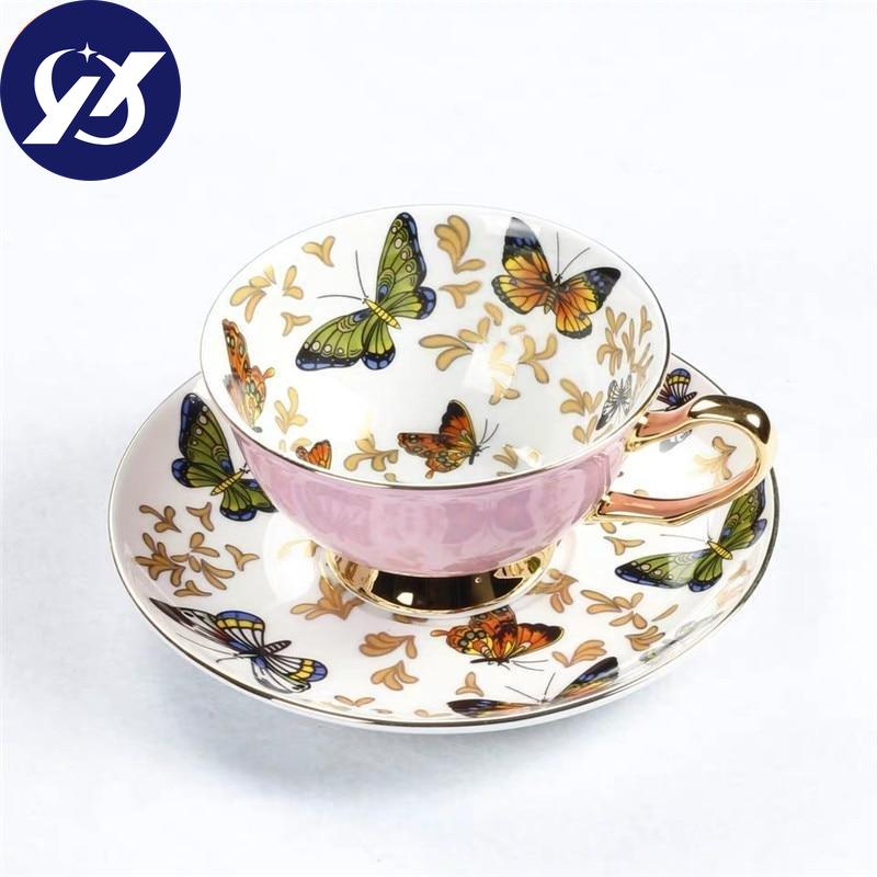 European Bone Cna Kávový šálek Barevný porcelán Butterfly Keramická sada šálků a podšálků na čaj Britský kancelářský šálek na pití Dárek