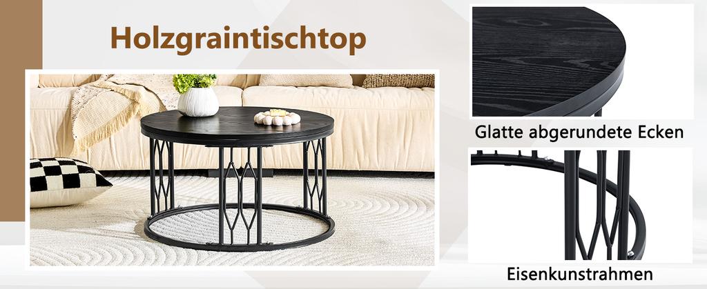 Mesa de Centro Redonda con Tapa Efecto Madera y Marco Metálico, Mesa Moderna para Sala de Estar con Marco Geométrico de Hierro, Mesa Auxiliar Redonda Resistente, aprox. 70x40.5 cm
