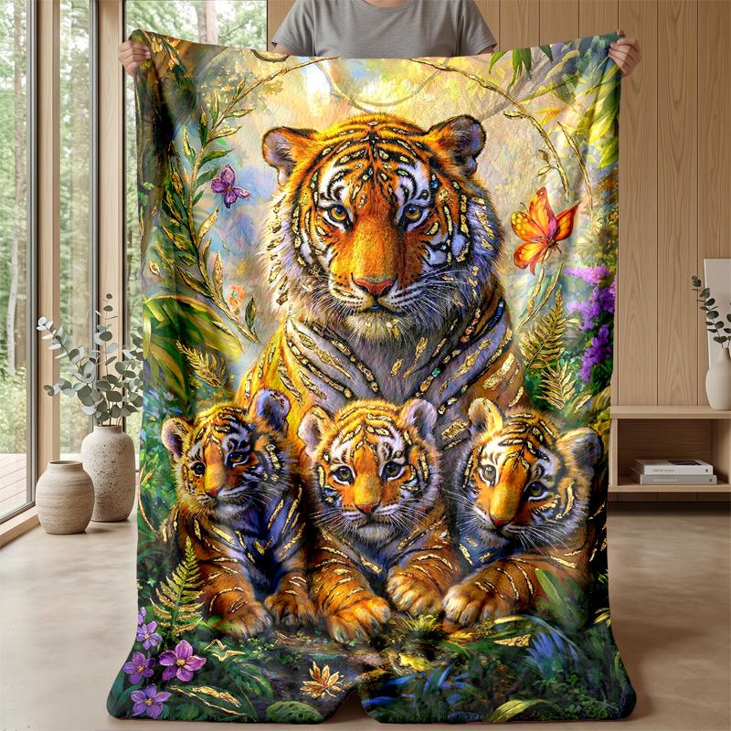 Tiger Family In Jungle 1 Theme Blanket Lightweight Warm Flannel Blanket Decorative Throw Blanket for Home Decoration