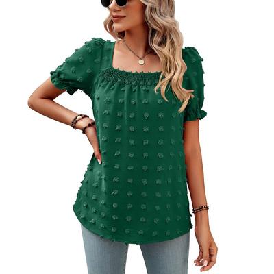 Summer Square Collar Chiffon Blouse Women Jacquard Sweet Short Sleeve Tops Mujer Ladies Pleated Shirt Womens Clothing 25467