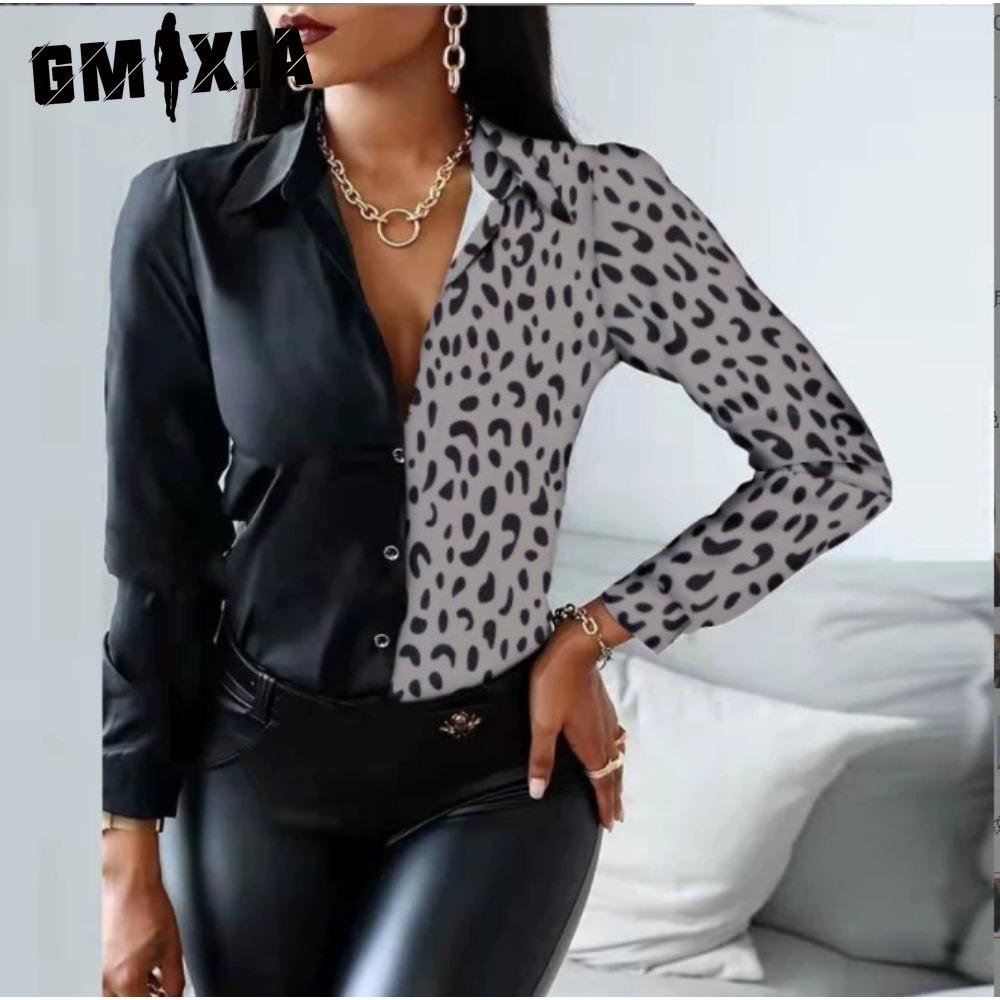 GMXIA Women's Fashion Casual Solid Color Print Long Sleeve POLO Neck Blouses & Shirts
