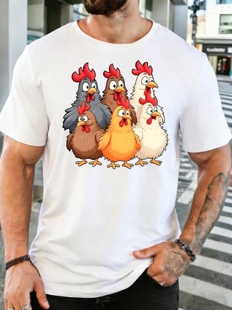 Unisex Colorful Chicken Group Cartoon Graphic Cotton Short Sleeve Tee Crew Neck Soft Male Summer Casual Breathable Street Top