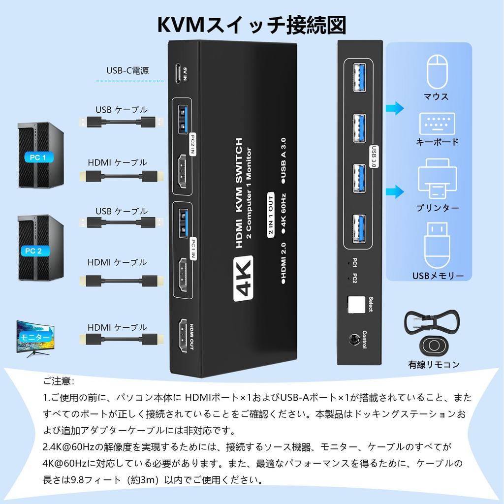 4K60Hz HDMI KVM Switch for 2 PCs, USB 3.0 Connection, Desktop Switching Controller Included, Monitor Sharing, Keyboard & Mouse Switching, Ideal for Of