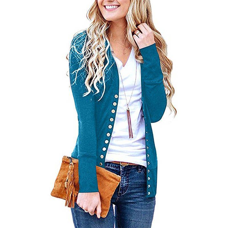 Premium Women V Neck Cardigan Coat Slim Fit Button Plain Cotton Blend Jacket Outwear Top