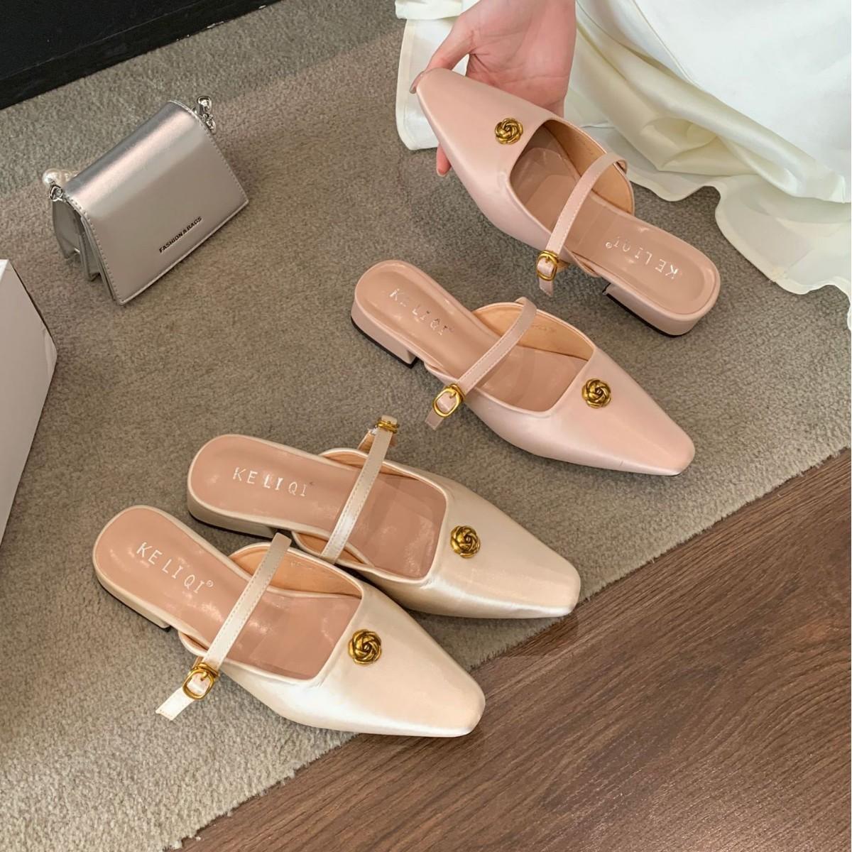 

Лето 2025 новые сандалии женские с круглым носком, жемчужным атласом, толстым высоким каблуком, ленивые полушлепанцы, туфли на одной перемычке 39 розовый