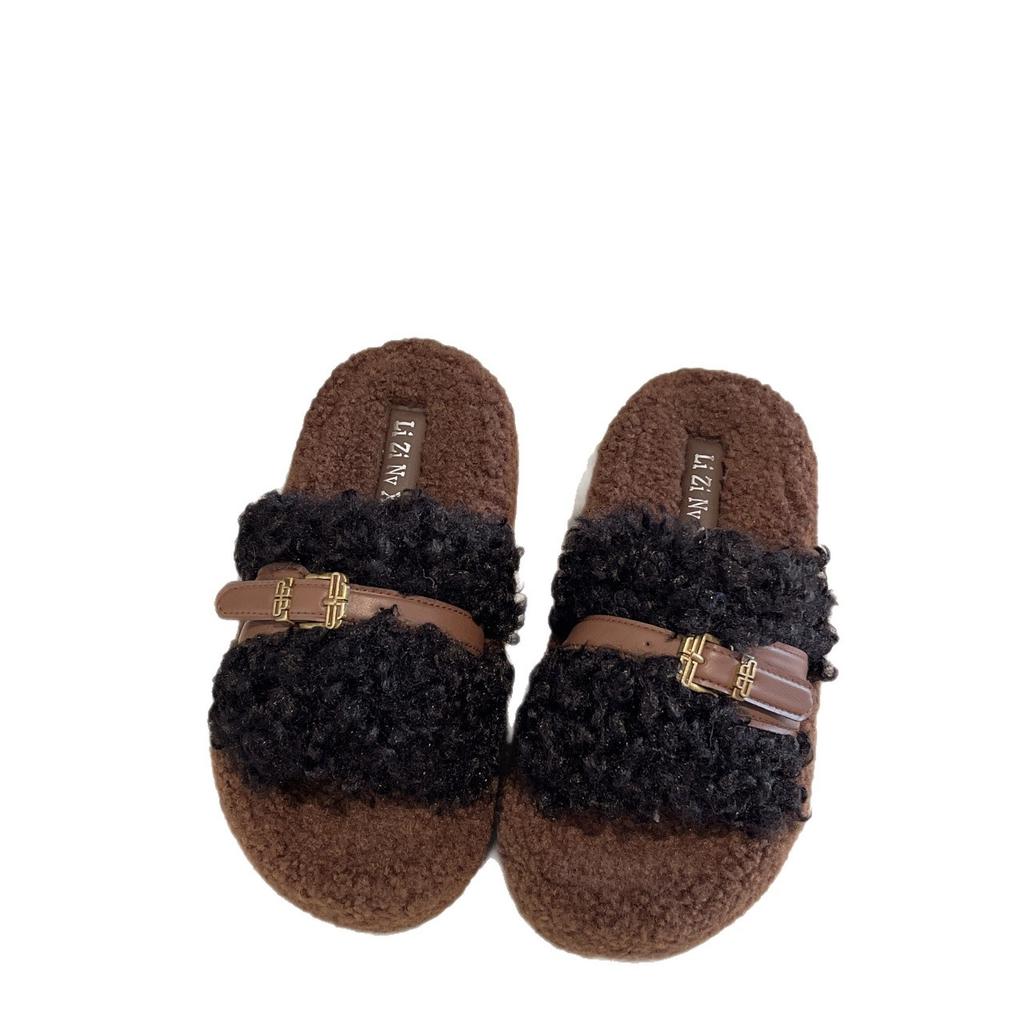 Lockigt hår tjocksulade fluffiga tofflor damskor 2025 höst och vinter ytterkläder koreansk version av high-end bältesspänne enords bomullstofflor