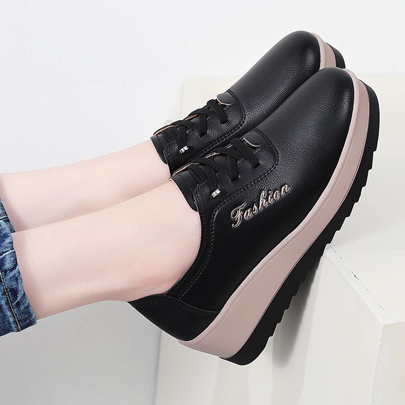 

Осенние женские туфли на платформе из натуральной кожи с нескользящей подошвой - на толстой подошве, удобные, легкие, повседневные 37 чёрный