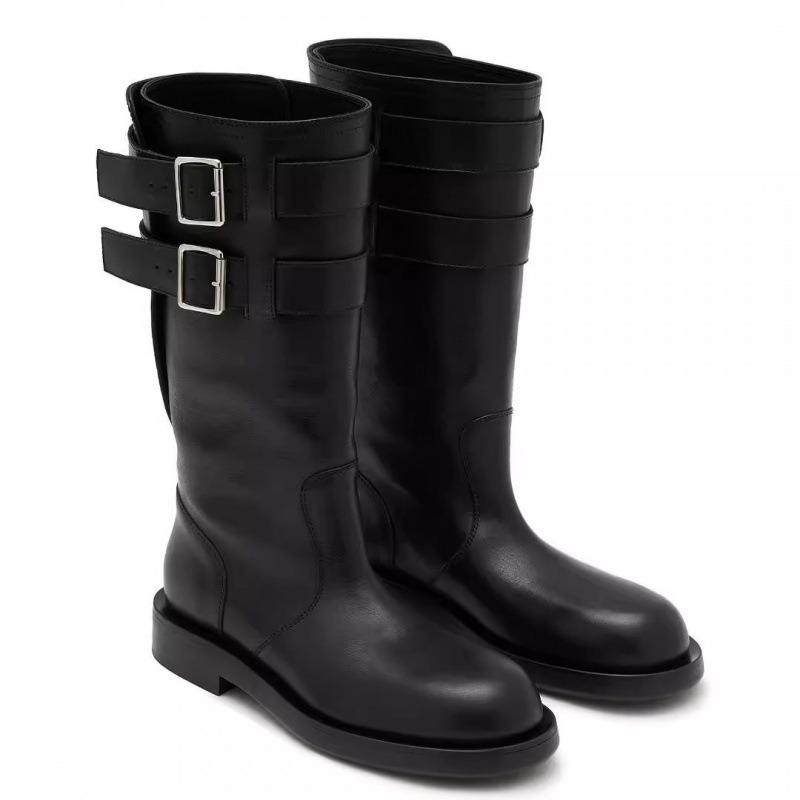 Cowhide Black Boots Handsome Belt Buckle Low Heel High Tube Skinny Locomotive Boots Leather Boots Round Head Knight Boots Women