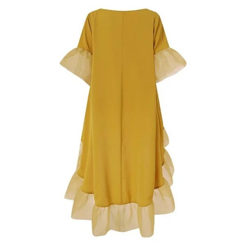 Summer Street Style Loose Casual Solid Irregular Lace Patchwork Robe Women Short Sleeve Holiday Dress Vestidos