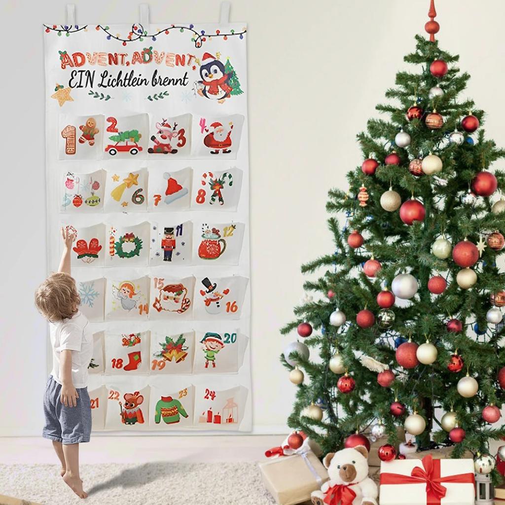 Fabric Christmas Advent Calendar 2025 with 24 Pockets Reusable Wall Hanging Bag Hanging Storage Bag for Holiday Decoration