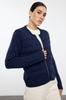 Women's Fashionable Stylish Cardigan Navy Blue Crew Neck Zippered Coat Look Knitwear Cardigan
