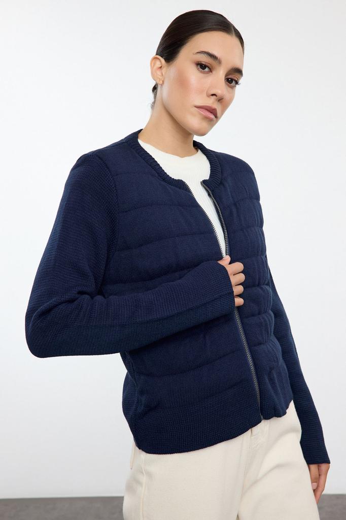 Women's Fashionable Stylish Cardigan Navy Blue Crew Neck Zippered Coat Look Knitwear Cardigan