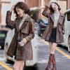 Women's PU Leather Trench Coat with Suit Collar, Double-Breasted, Mid-Length, Waist-Slimming for Spring/Autumn - Model YG82936.