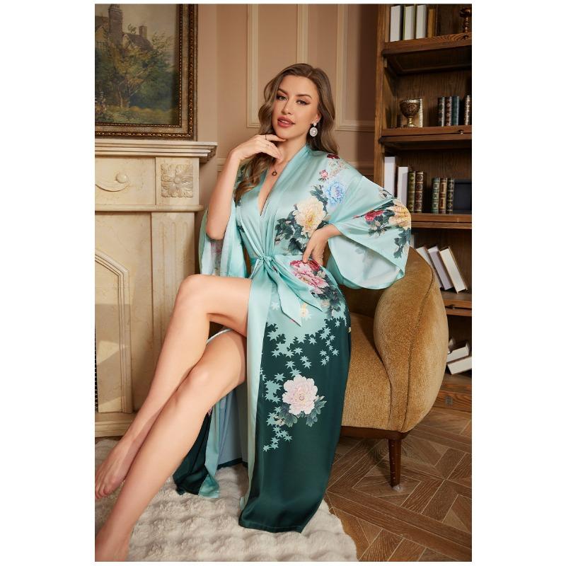 Luxury Spring Satin Bath Robe for Women Long Sleeve Full Length Bridal Morning Sleep Robe