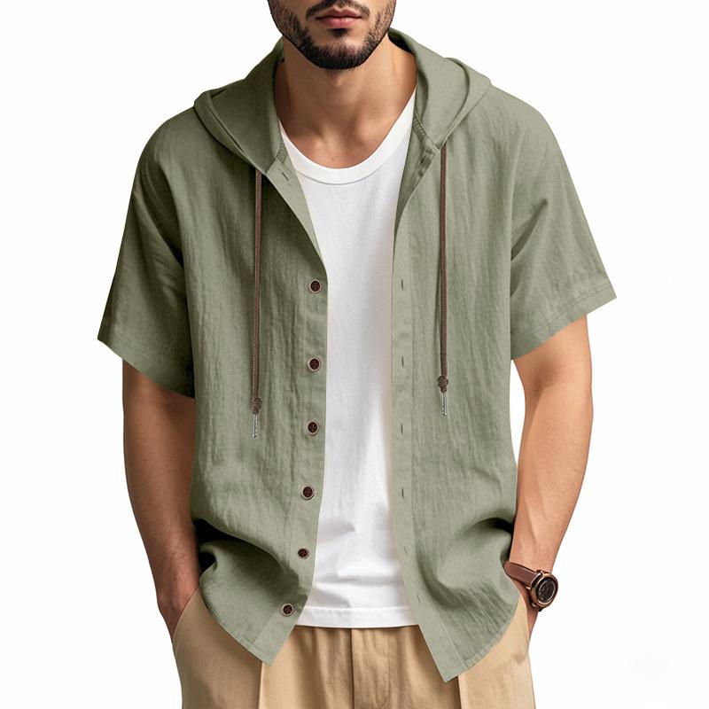 Summer Men's Lightweight Breathable Linen Loose-Fit Hooded Short-Sleeved Shirt
