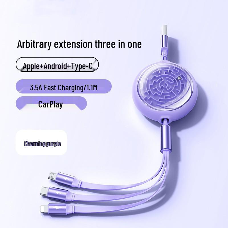 Retractable 3-in-1 USB Fast Charging Cable for Apple, Android, Type-C Devices