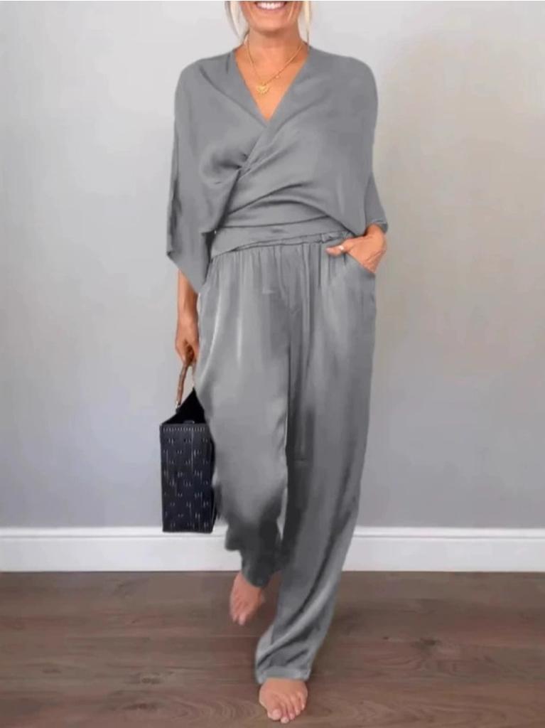 Fall Solid-Color Satin Short-Sleeve Women's Fashion Top and Pants Set