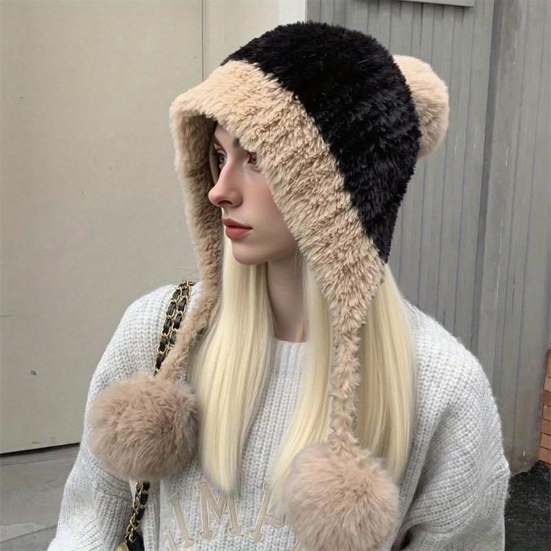 Fashion Autumn and Winter Splicing Knitted Ball Hanging Plush Hat Women Fluffy Plush No Eaves Hat Warm Thickened Plush Ear Hat