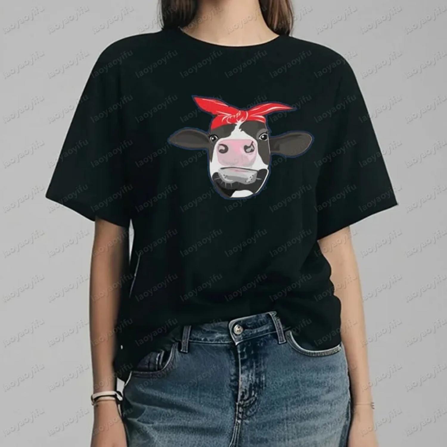 Cool Cow Vegan Clothing Herbivore Shirt Vegetarian T Shirt Lovely Red Headscarf Heifer TShirt Cowgirl Round Neck Short Sleeve S чёрный