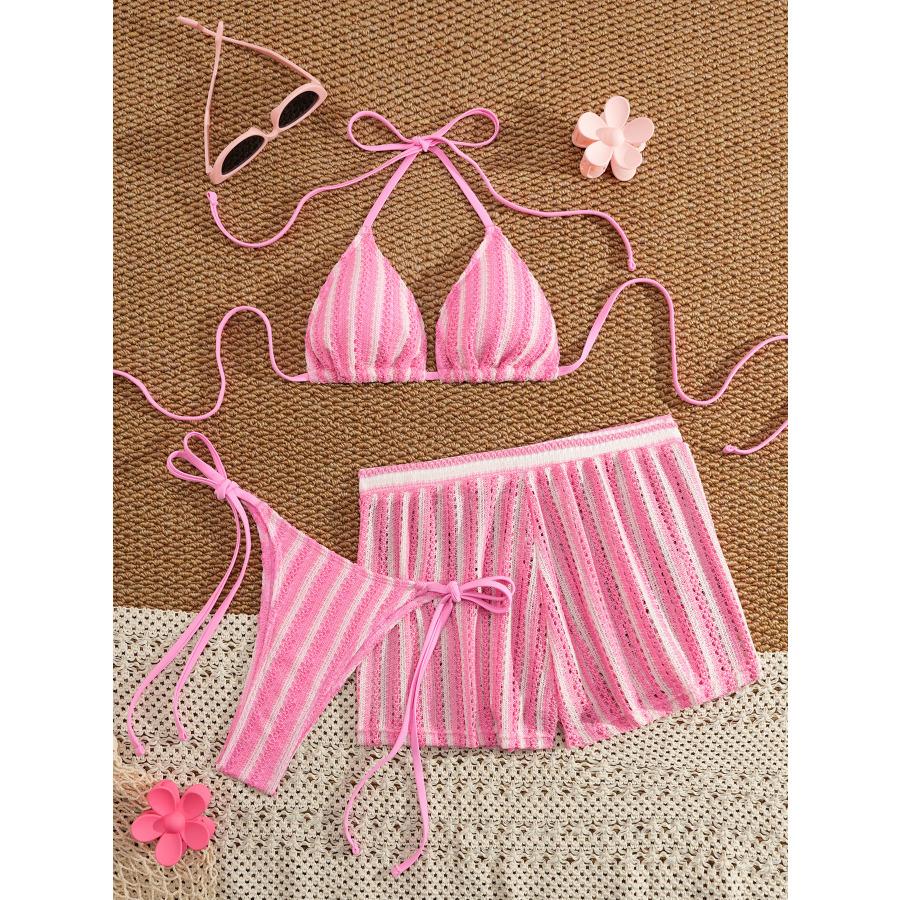 New Men's Swimwear 3 Piece Set Featuring Mesh Swim Trunks and Tie Side Bikini Briefs 0874