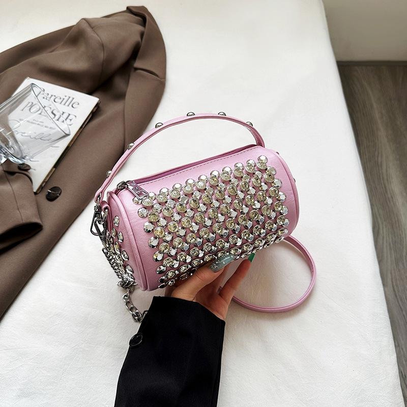 Summer niche cylinder portable women's bag 2025 new fashion rivet diamond pillow bag chain shoulder messenger bag