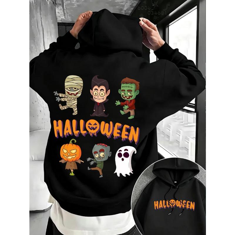 Halloween Men's Street Hoodie with Cartoon Witch, Zombie, Ghost and Pumpkin Double-sided Print, Couple Loose Pullover Sweater