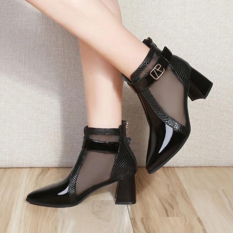 Fashion Women Sandals New Summer Sexy Mesh Ankle Boots Pointed Toes High Heels Shoes Ladies Short Boots Chunky Heels Spring Zipper Shoes