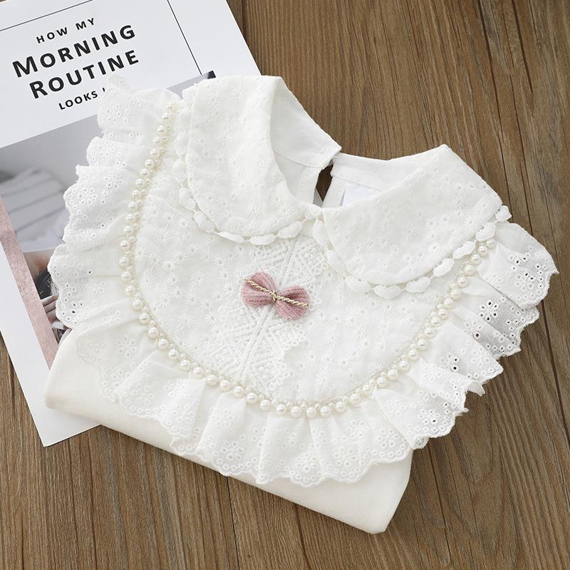Girls' Spring/Fall Collared Shirt, Larger Sizes, Lace-Trimmed Top