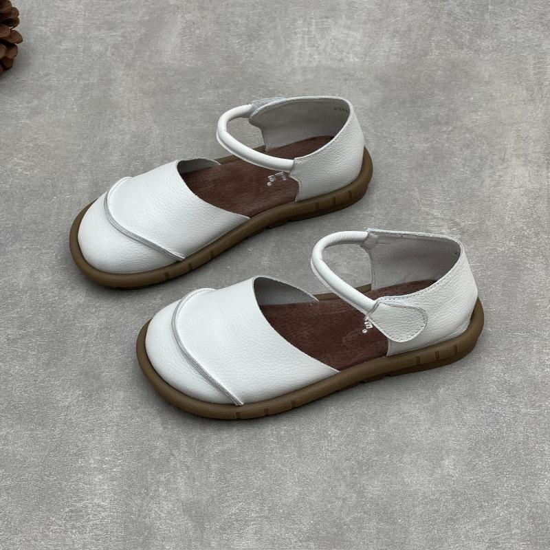 Johnature Sandálias rasteiras retrô artesanais de couro genuíno, casuais, versáteis, confortáveis, sola macia, sapatos femininos